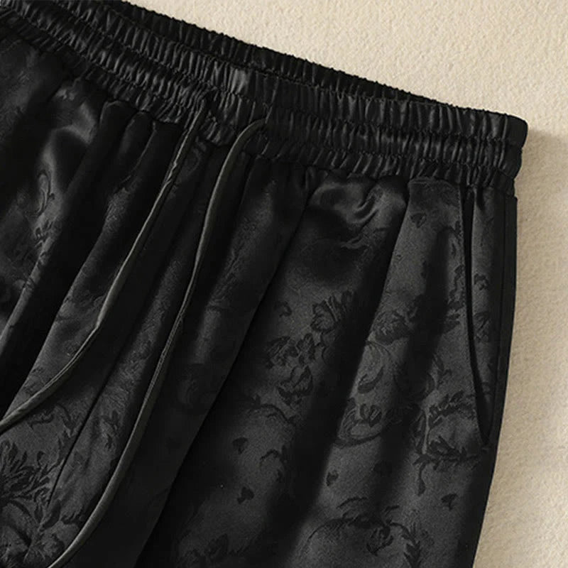 Buddha Stones Jacquard High Waist Design Women's Wide Leg Thermal Thickened Pants With Pockets