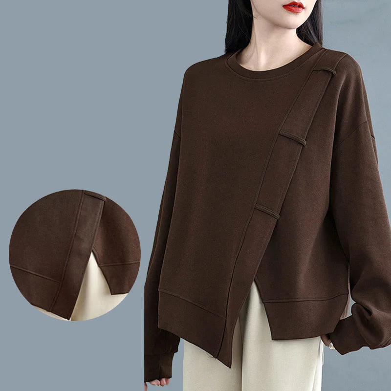 Buddha Stones Fall Solid Color Asymmetrical Design Crew Neck Long Sleeve Women's Cotton Sweatshirt