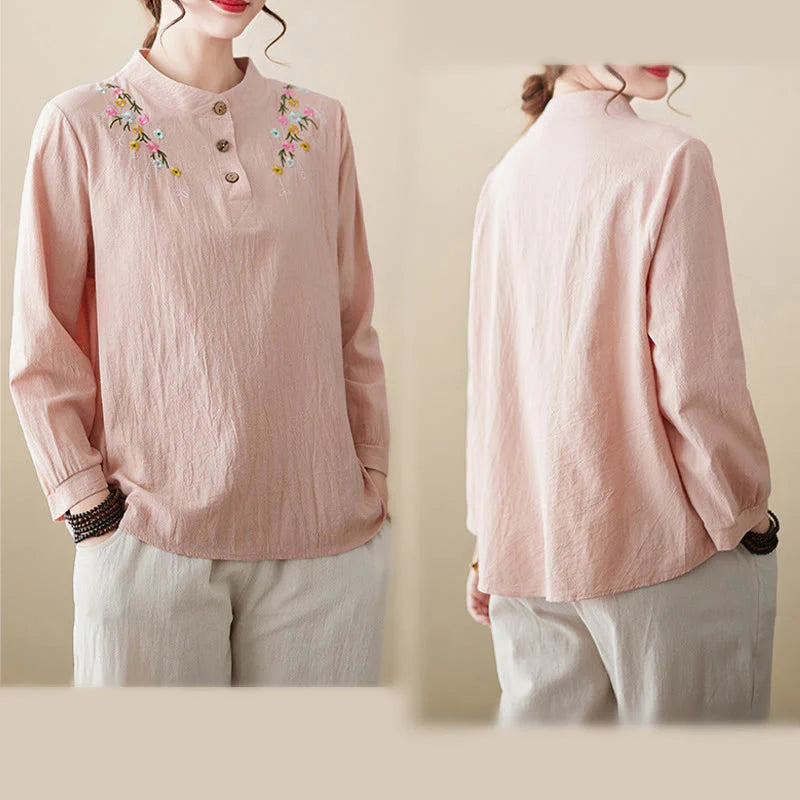 Buddha Stones Women's Spring Embroidered Flower Pattern Stand Collar Long Sleeve Cotton Shirt