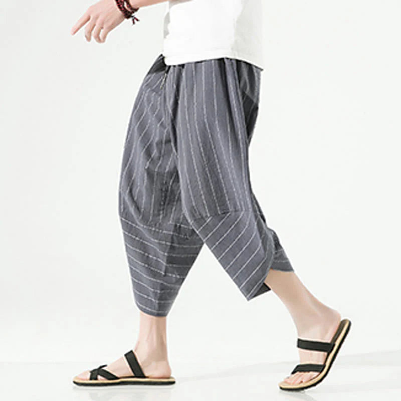 Buddha Stones Casual Plain Stripes Pattern Drawstring Men's 7-8 Length Cotton Linen Harem Pants With Pockets