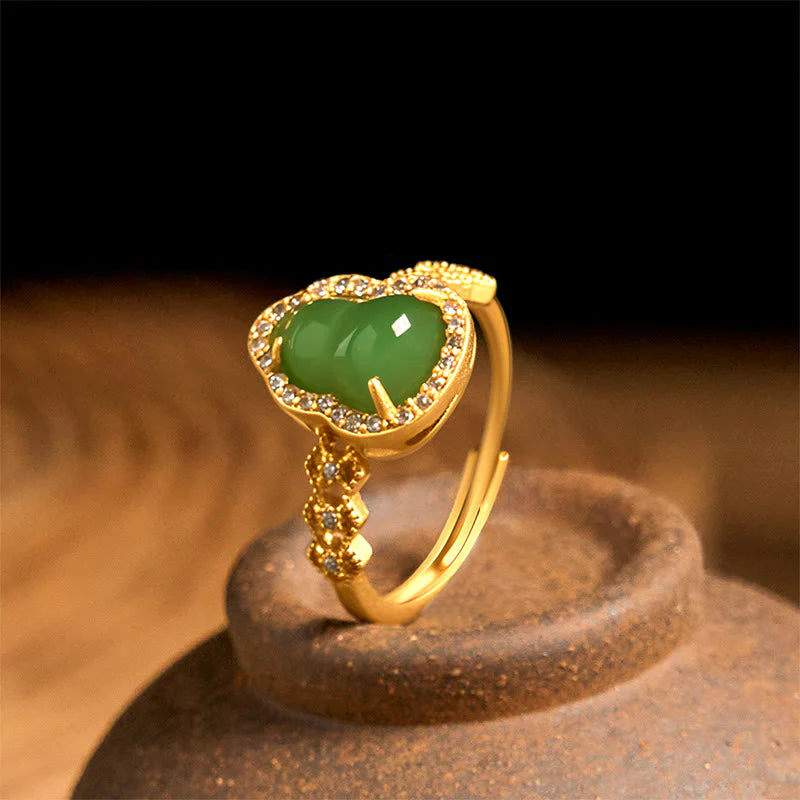 Buddha Stones Vintage Gourd Green Chalcedony Copper Plated Gold Adjustable Wealth Ring
