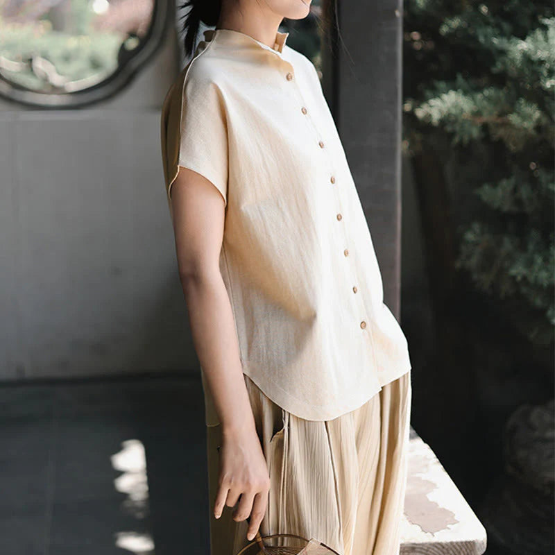 Buddha Stones Vintage Buttons Design Stand Collar Cotton Short Sleeve Women's Shirt