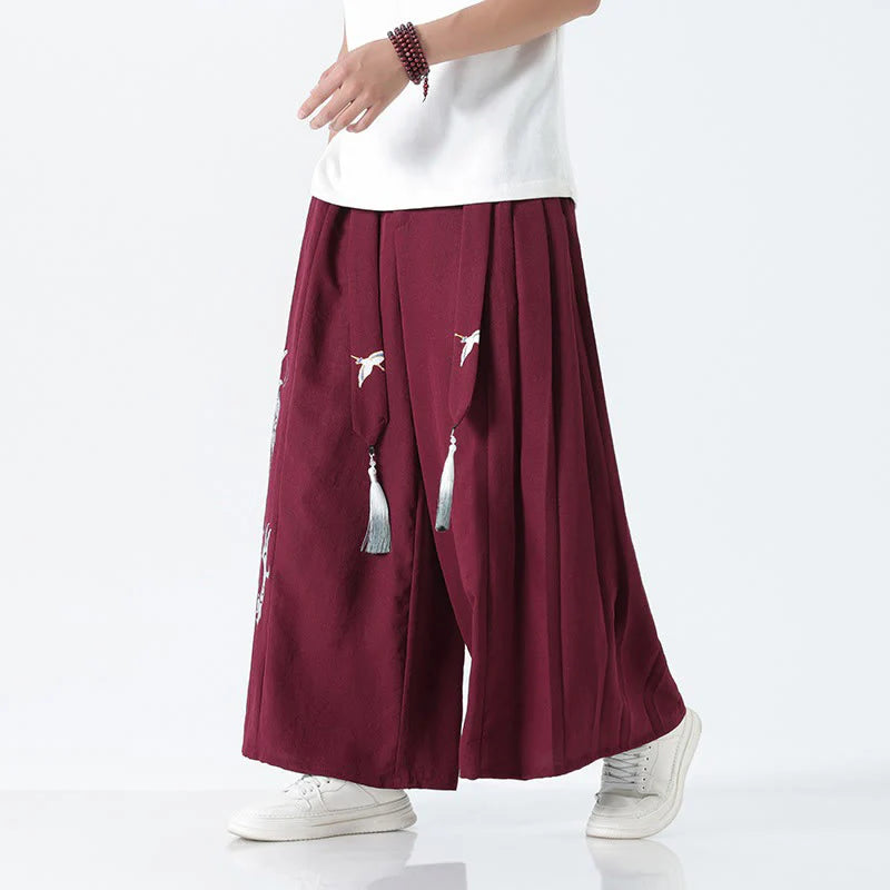 Buddha Stones Summer Dragon Drawstring Design Cotton Ankle-Length Men's Wide Leg Pants With Pockets