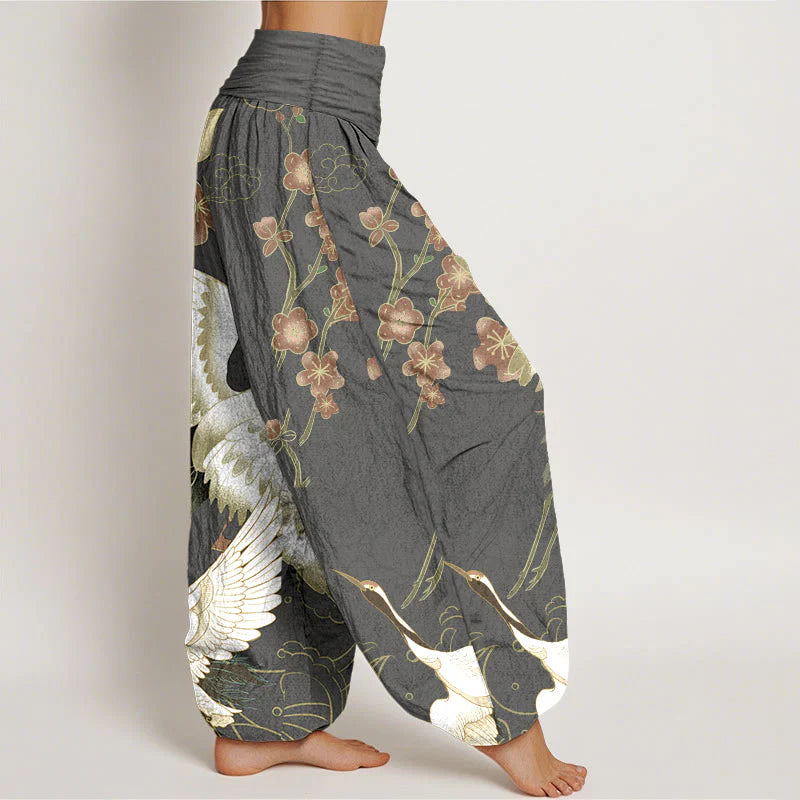 Buddha Stones Pure Cotton Cranes Flowers Clouds Patterns Women's Elastic Waist Harem Pants