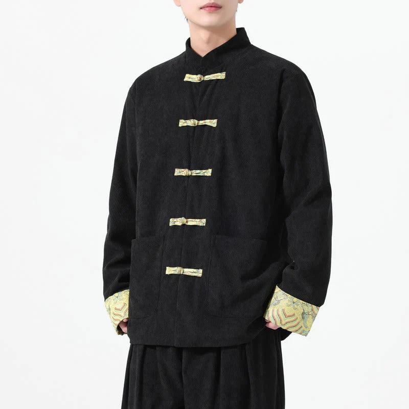 Buddha Stones Floral Design Long Sleeve Men's Cotton Corduroy Tang Suit Jacket With Pockets