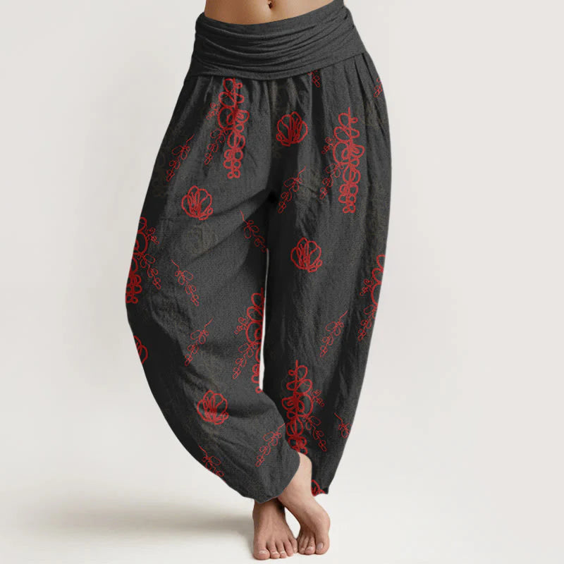 Buddha Stones Print Hand-painted Flowers Branches Pattern Women's Elastic Waist Harem Cotton Pants