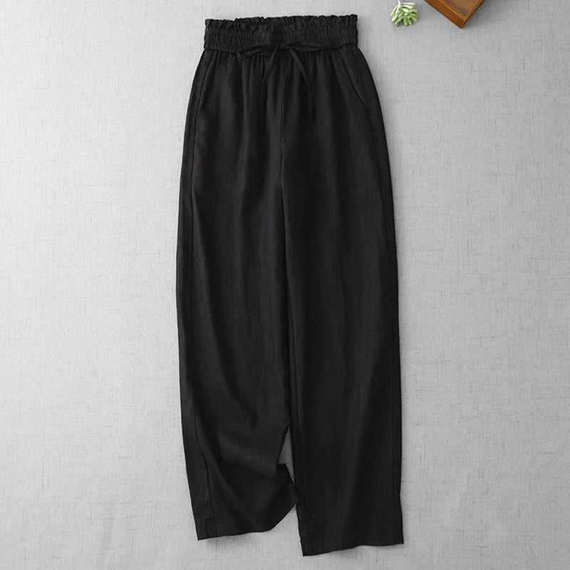 Buddha Stones Casual High Waist Ruffled Drawstring Design Women's Wide Leg Cotton Pants With Pockets