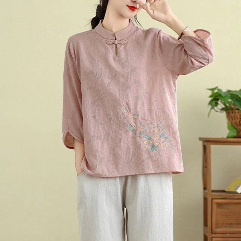 Buddha Stones Flower Embroidery Three Quarter Sleeve One Frog-Button Mandarin Collar Cotton Women's Shirt