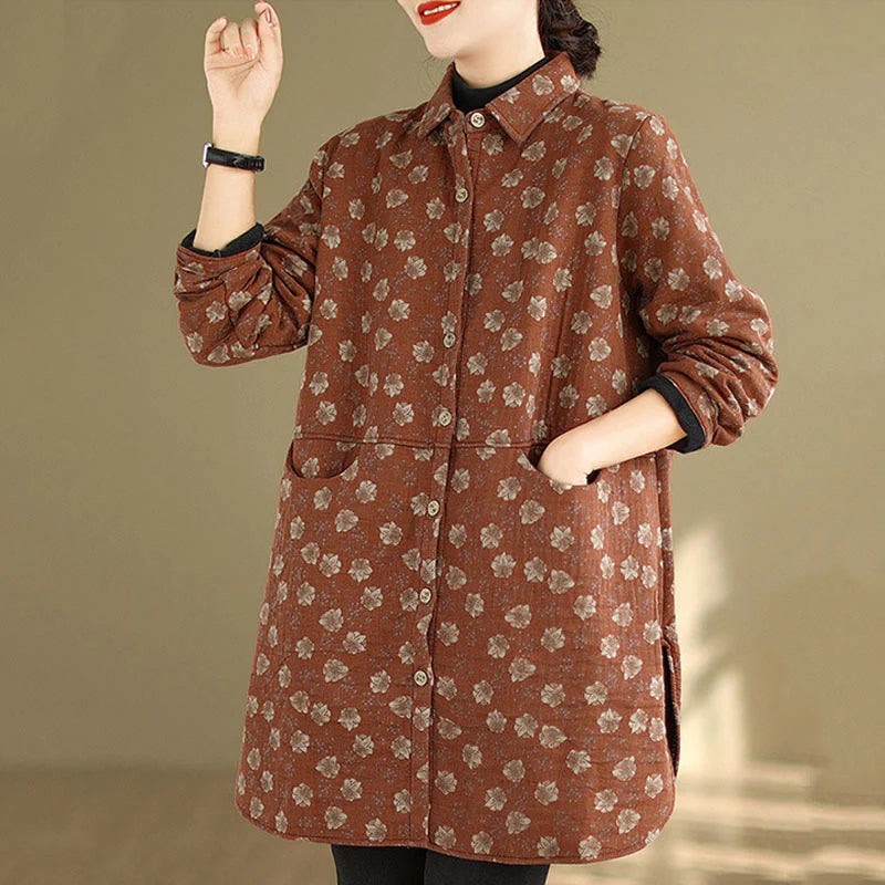 Buddha Stones Fall Winter Buttons Flower Patterns Long Sleeve Cotton Women's Jacket With Pockets