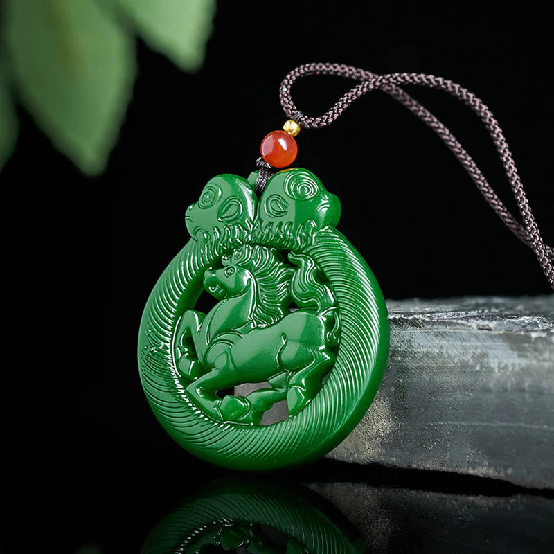 Buddha Stones Year Of The Horse Jade Prosperity Hollow Necklace Pendants