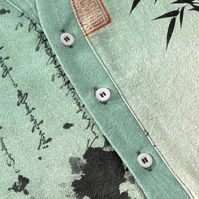 Buddha Stones Cotton Gradient Calligraphy Bamboo Ink Painting Pattern Men's Short Sleeve Half Button Shirt