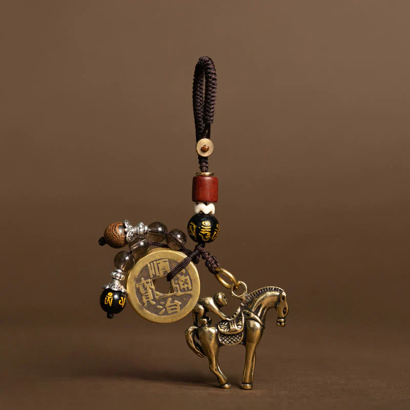 Buddha Stones Year Of The Horse Copper Brass Five-Emperor Coins Om Mani Padme Hum Protection Key Chain