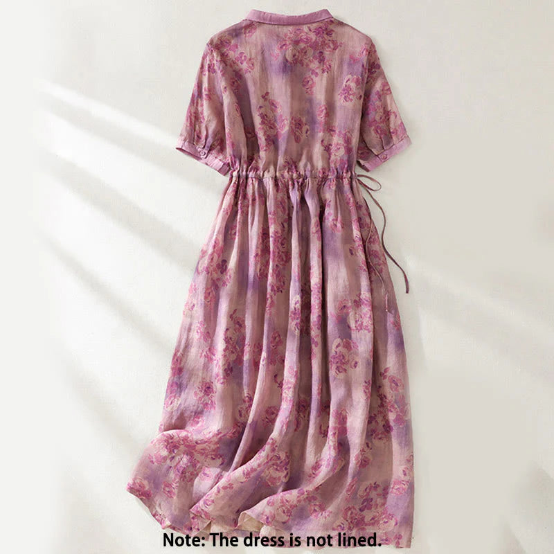 Buddha Stones Printing Buttons Drawstring High Waist Short Sleeve Cotton Midi Dress With Pockets