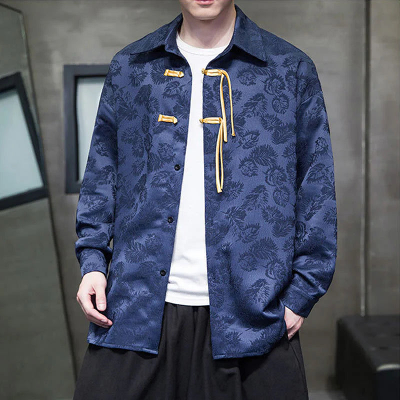 Buddha Stones Frog-Button Leaves Pattern Long Sleeve Men's Tang Suit Jacket