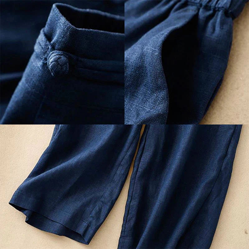Buddha Stones Daily Solid Color Elastic Waistband Frog-Button Cotton Women's Wide Leg Pants With Pockets