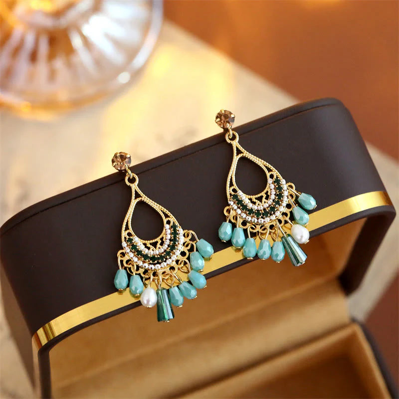 Buddha Stones Teardrop Tassel Copper Self Care Openwork Drop Dangle Earrings