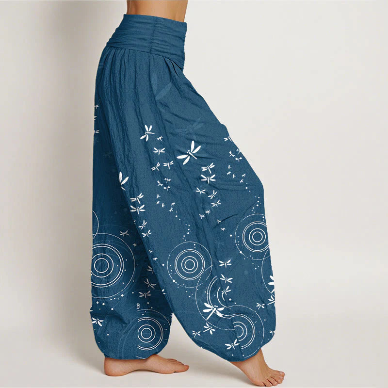 Buddha Stones Pure Cotton Circular Lines Dragonfly Women's Elastic Waist Harem Pants