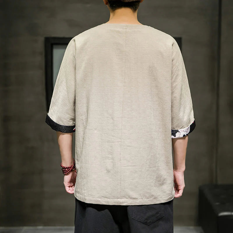 Buddha Stones Summer Retro Solid Color Patchwork Design Men's Three Quarter Sleeve Cotton Linen T-Shirt