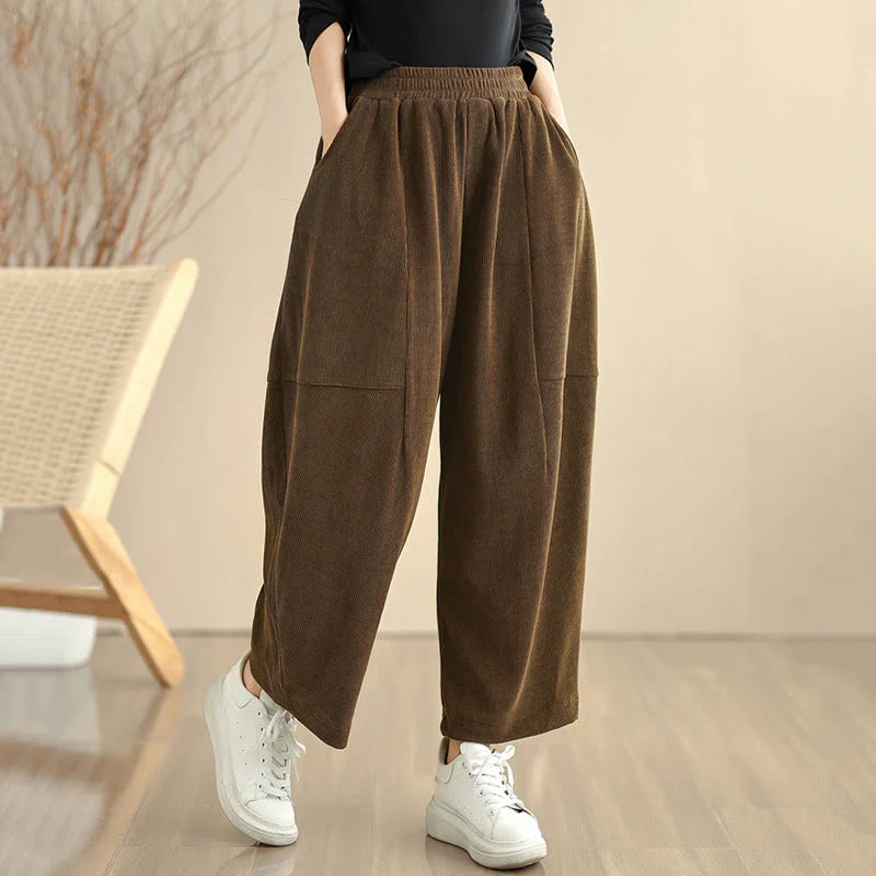 Buddha Stones Women's Fall Patchwork Plain Corduroy Harem Pants With Pockets