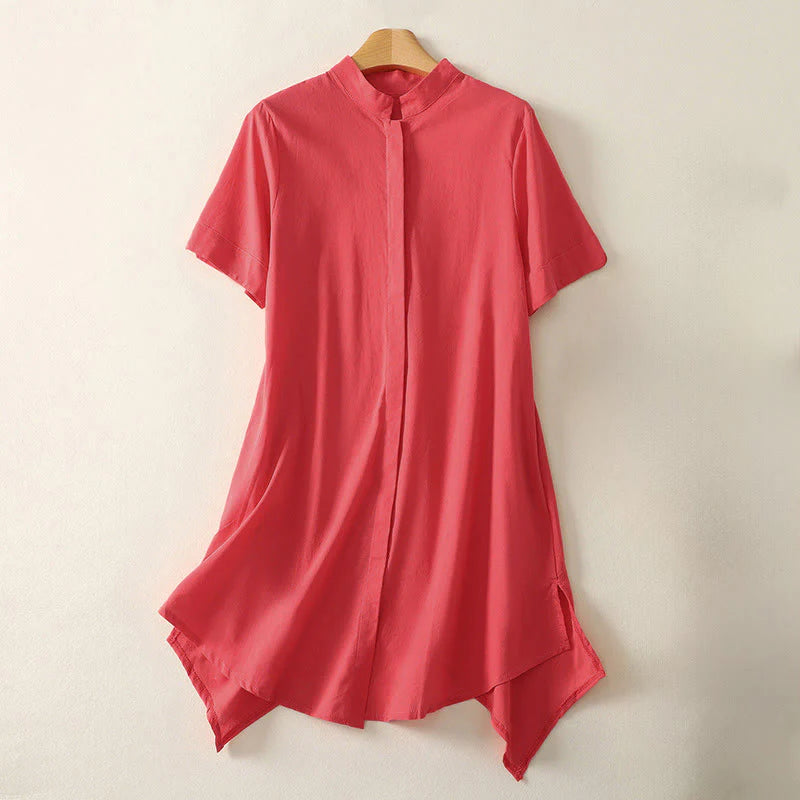 Buddha Stones Summer Stand Collar Short Sleeve Plain Women's Buttons Cotton Shirt With Pocket
