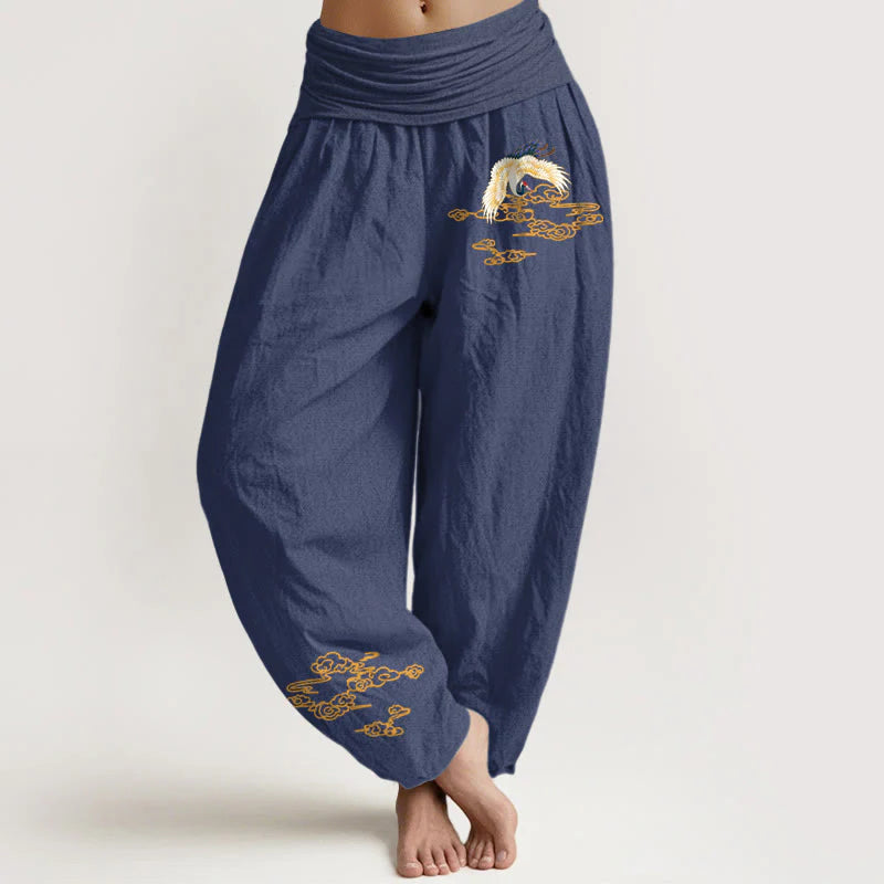 Buddha Stones Plain Crane Auspicious Clouds Pattern Women's Elastic Waist Harem Cotton Pants