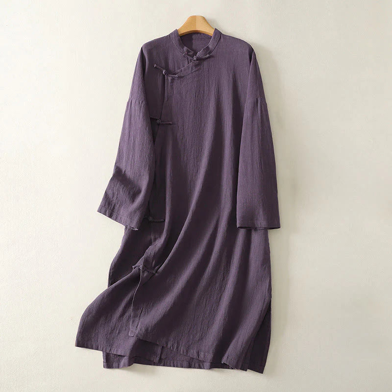 Buddha Stones Vintage Plain Frog Buttons Asymmetrical Design Long Sleeve Cotton Linen Midi Dress