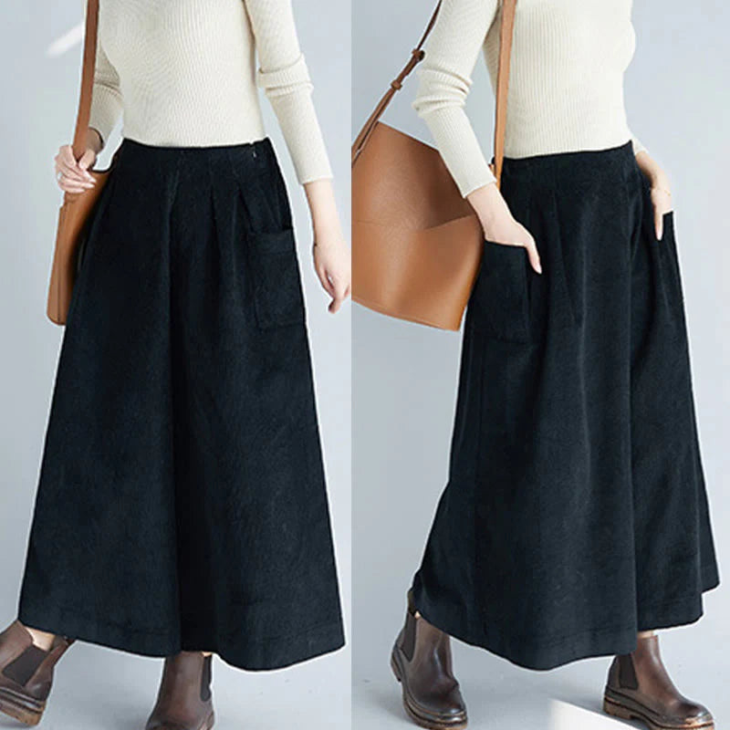 Buddha Stones Women's Plain Side Zipper Design Wide Leg Corduroy 7-8 Length Pants With Pockets