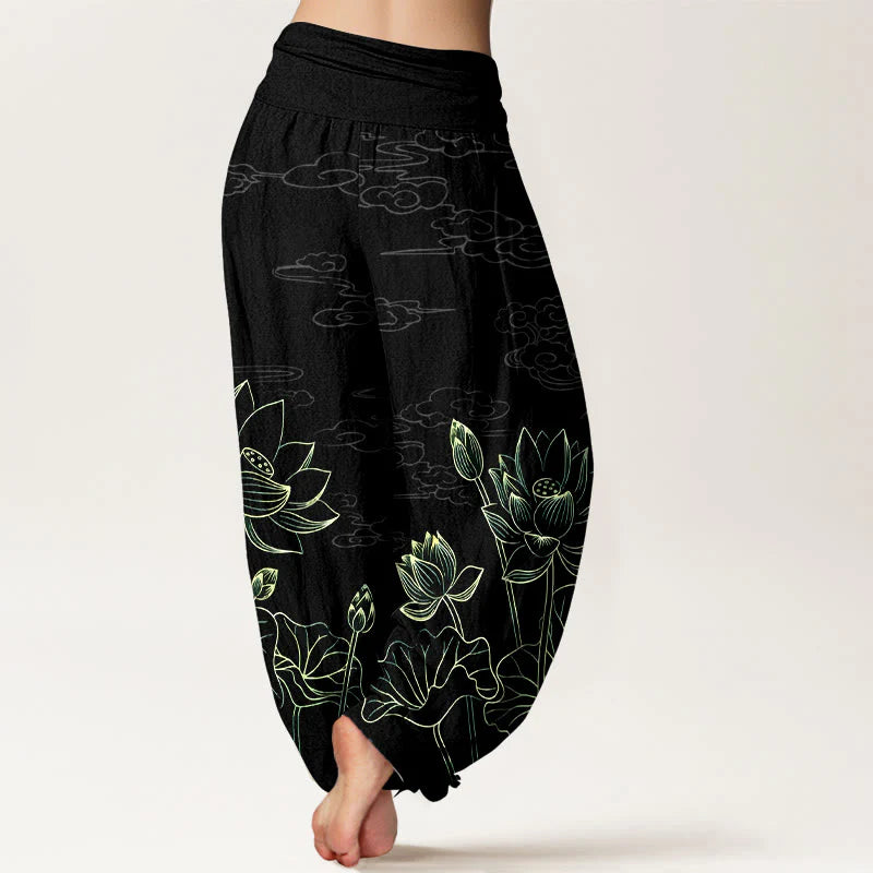 Buddha Stones Pure Cotton Concise Lotus Flower Leaf Pod Bud Cloud Pattern Women's Elastic Waist Harem Pants