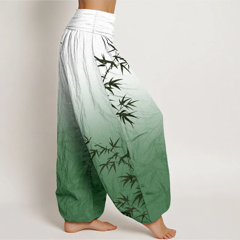 Buddha Stones Casual Bamboo Leaves Gradient Pattern Pure Cotton Women's Elastic Waist Harem Pants