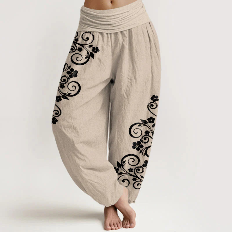 Buddha Stones Pure Cotton Elegant Vine Flower Pattern Women's Elastic Waist Harem Pants