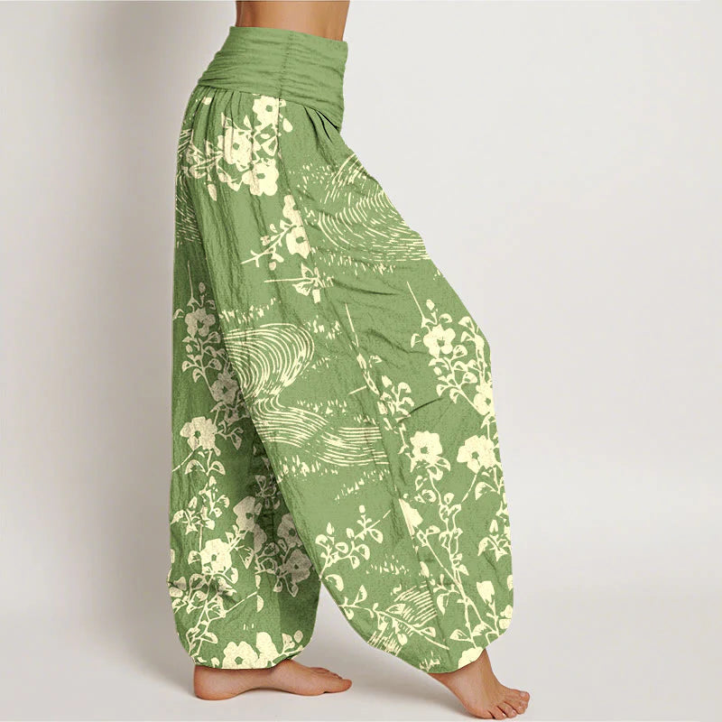 Buddha Stones Pure Cotton Simple Flowers Stream Pattern Women's Elastic Waist Harem Pants
