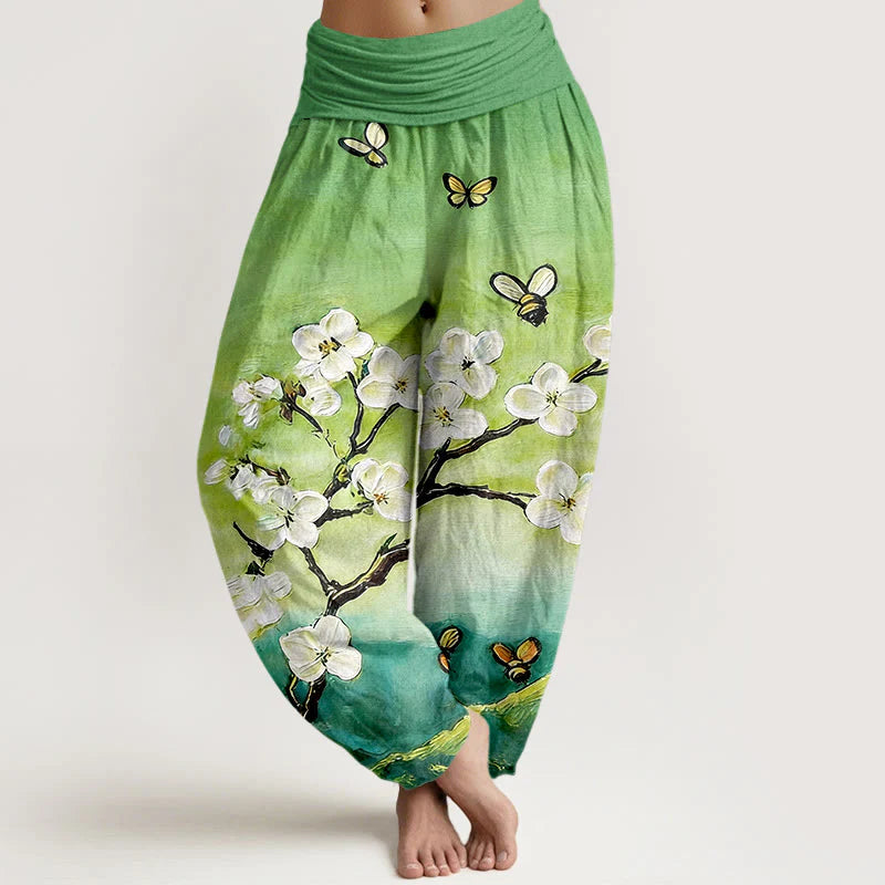 Buddha Stones Cotton Colourful Flower Butterfly Bee Pattern Women's Elastic Waist Harem Pants