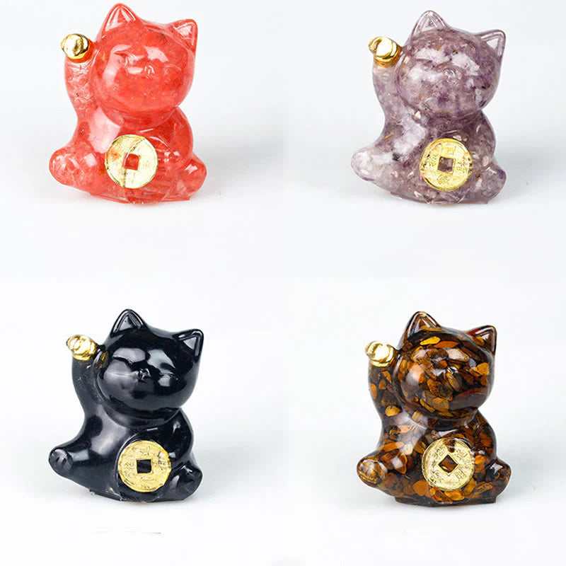 Buddha Stones Lucky Cat Copper Coin Turquoise Labradorite Pink Crystal Amethyst Strength Home Decoration