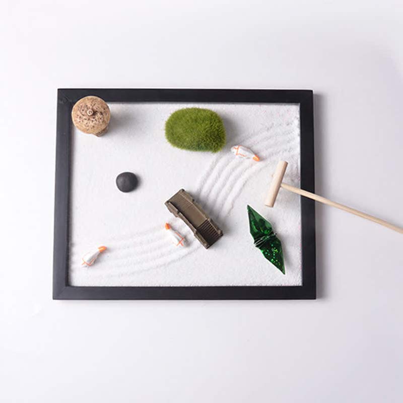 Buddha Stones Koi Fish Small Bridge Grass Landscape Peace Meditation Zen Garden Decoration