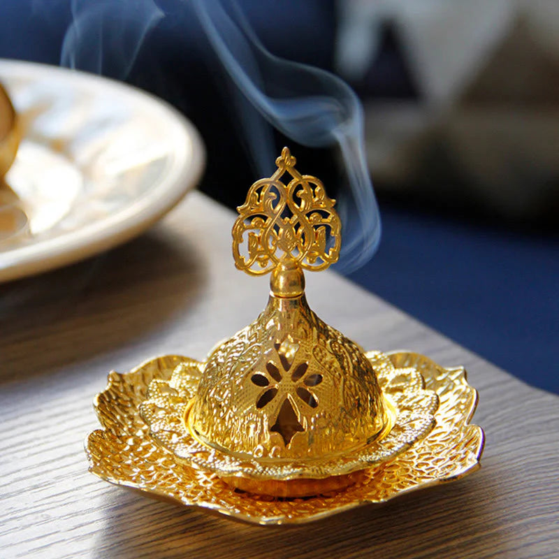 Buddha Stones Gold Leaf Coaster Spiritual Mini Alloy Metal Incense Burner