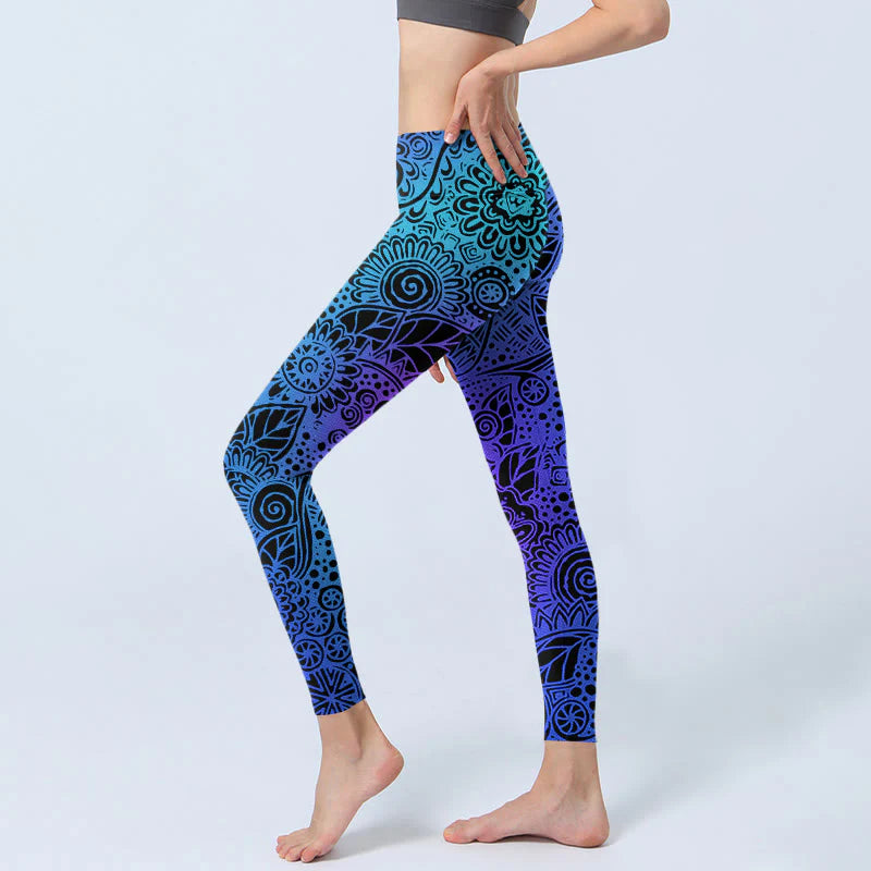 Buddha Stones Flowers And Leaves Pattern Print Gym Leggings Women's Yoga Pants