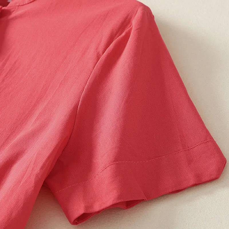Buddha Stones Summer Stand Collar Short Sleeve Plain Women's Buttons Cotton Shirt With Pocket
