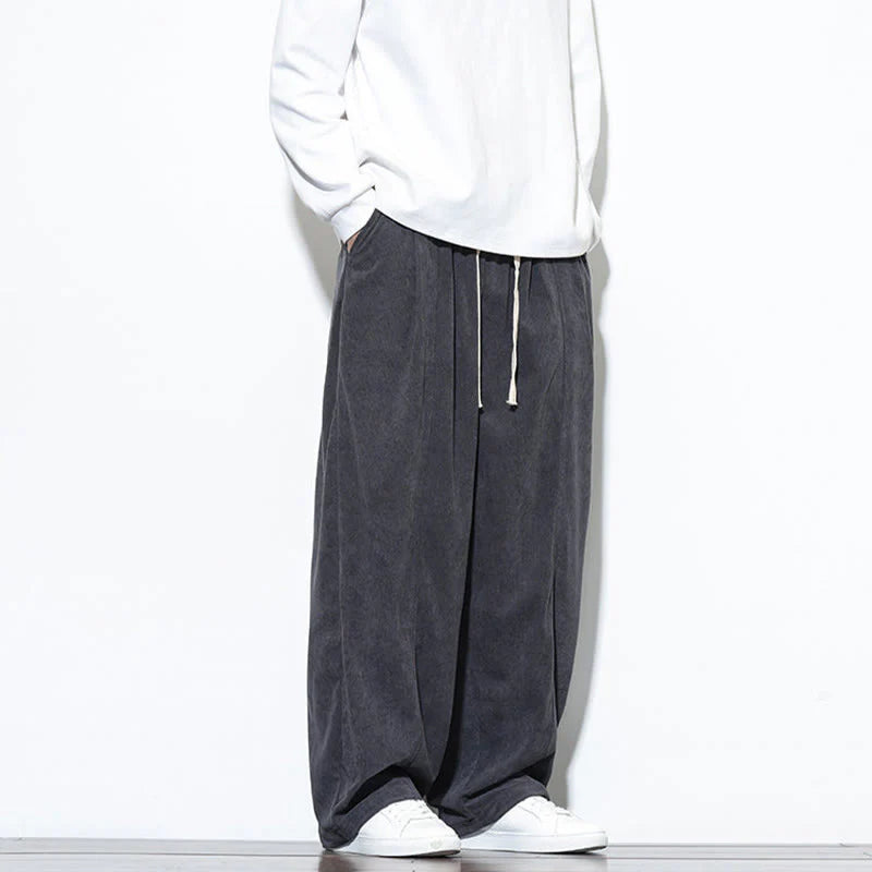 Buddha Stones Plain Drawstring Pure Cotton Corduroy Men's Harem Pants With Pockets