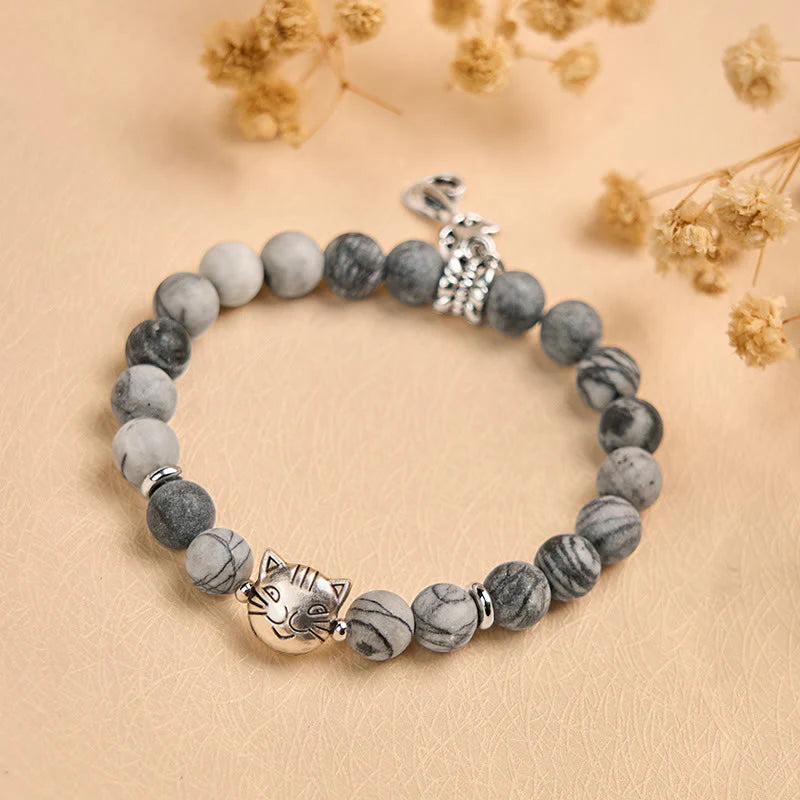 Buddha Stones Grey Tabby Cat Natural Black Veined Jasper Strength Bracelet