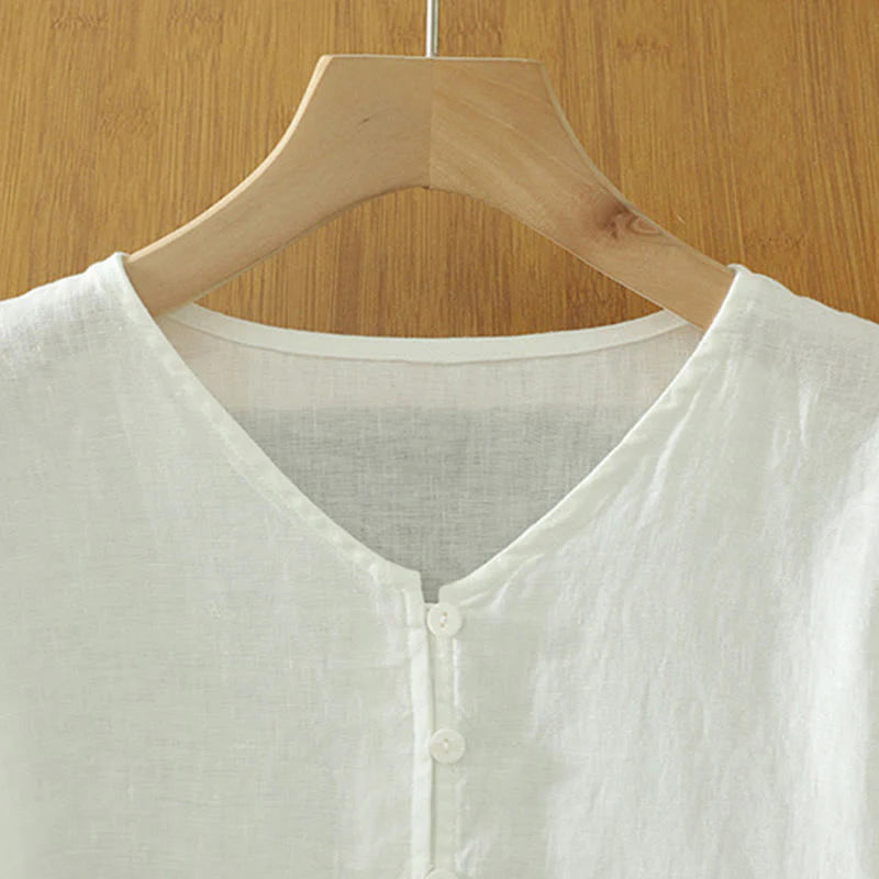 Buddha Stones Solid Buttons V-Neck Half Sleeve Women's Shirt