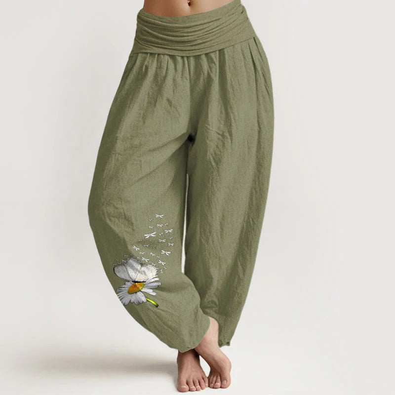 Buddha Stones Pure Cotton Elegant Daisy Butterfly Dragonfly Pattern Women's Elastic Waist Harem Pants