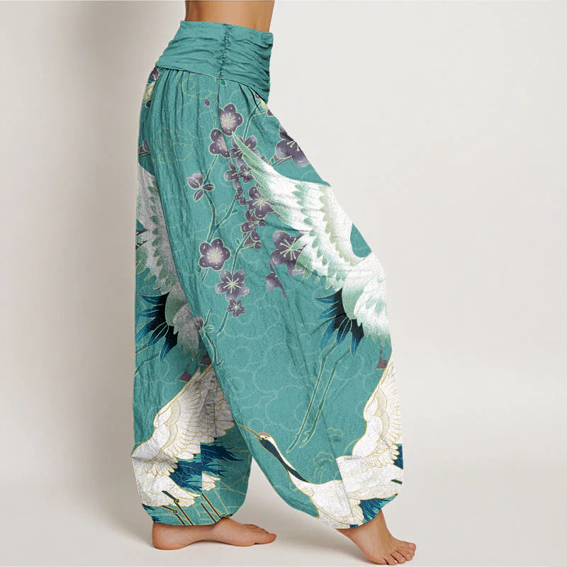 Buddha Stones Cotton Cranes Flowers Auspicious Clouds pattern Women's Elastic Waist Harem Pants