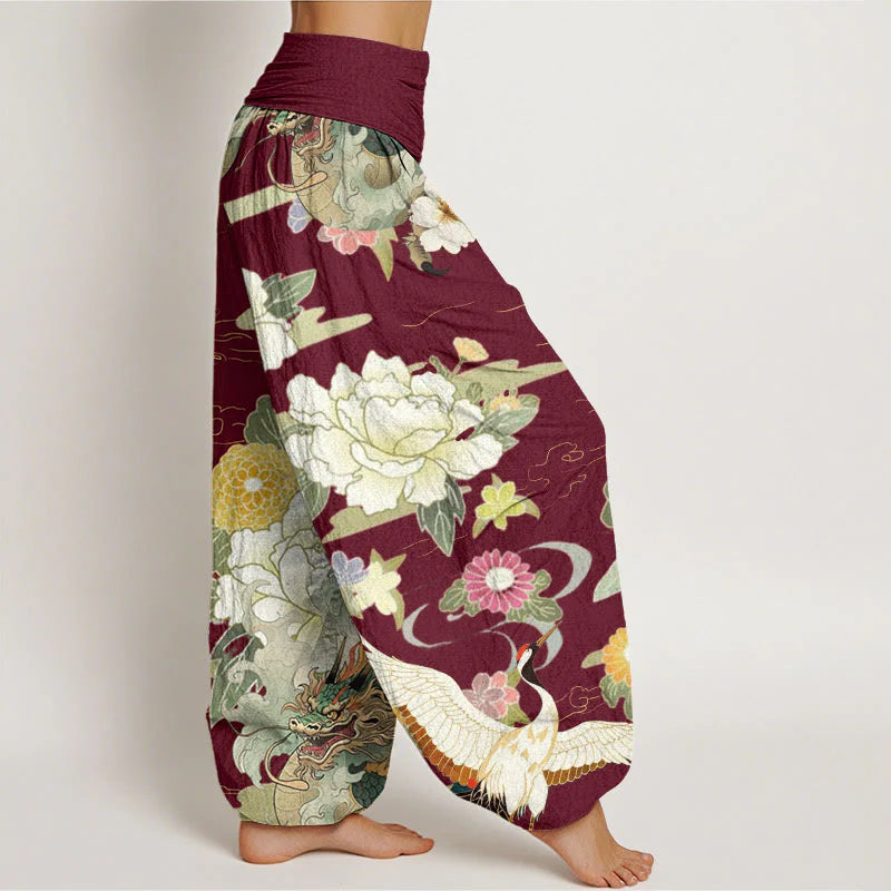 Buddha Stones Cotton Casual Dragon Red-crowned Crane Peony Flower Pattern Women's Elastic Waist Harem Pants