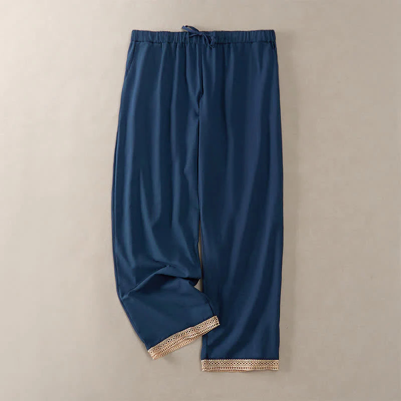 Buddha Stones Summer Lace-trimmed Hem Solid Color Women's Tapered Pants With Pockets