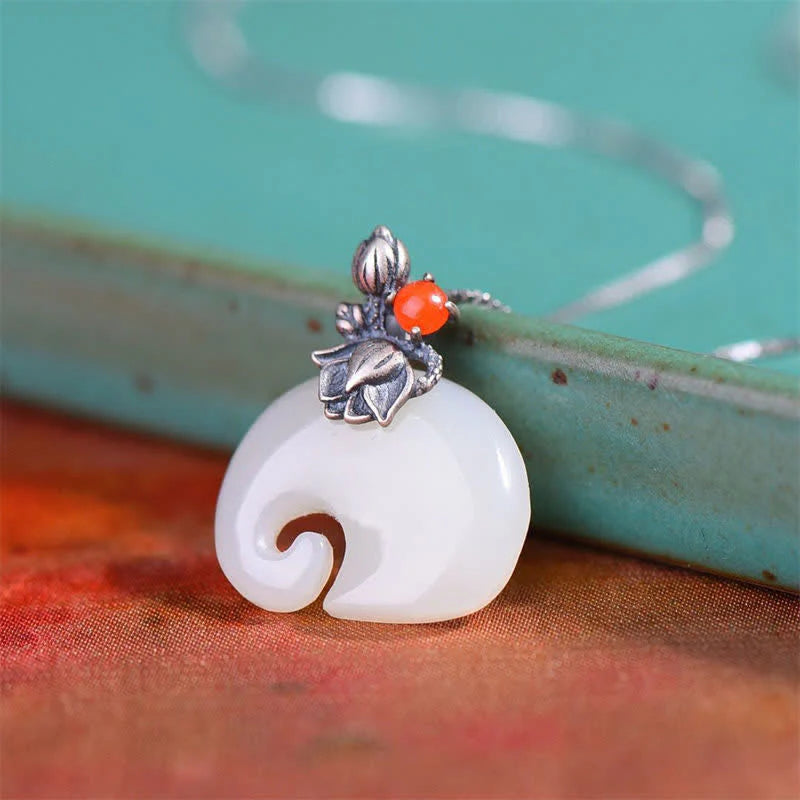 Buddha Stones White Jade Elephant Lotus Protection Necklace Pendant