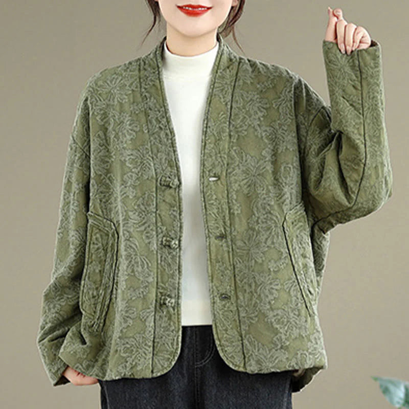 Buddha Stones Winter V-Neck Jacquard Frog-Button Cotton Long Sleeve Women's Thermal Jacket With Pockets