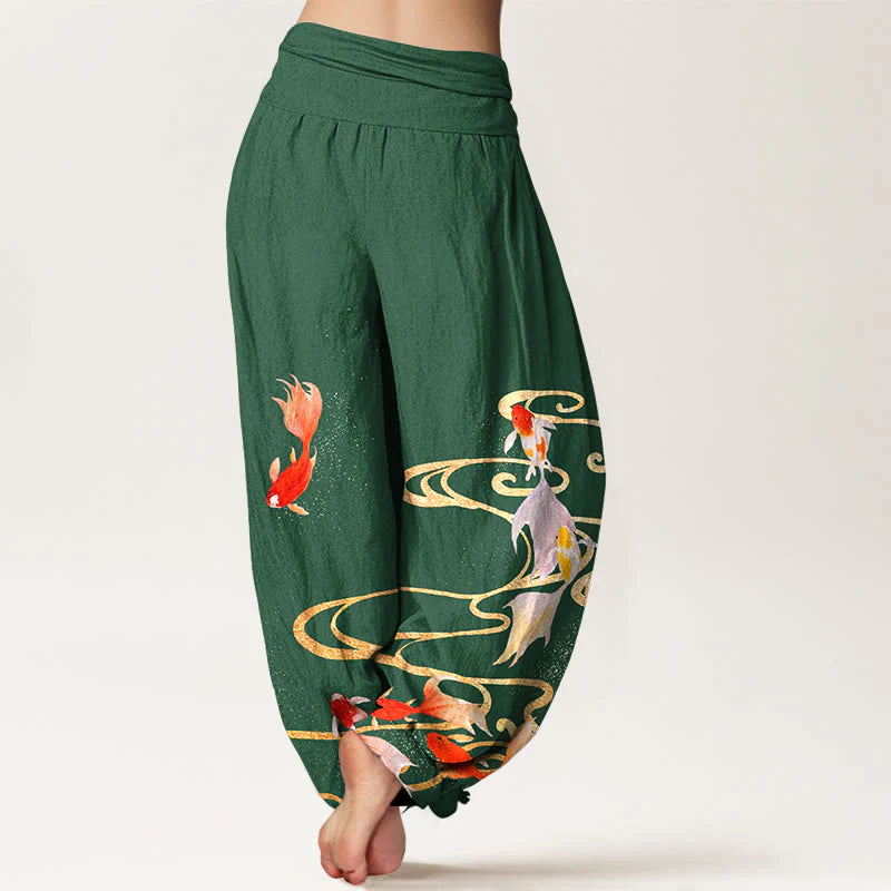 Buddha Stones Pure Cotton Koi Fish Koi Water Ripples Pattern Women's Elastic Waist Harem Pants