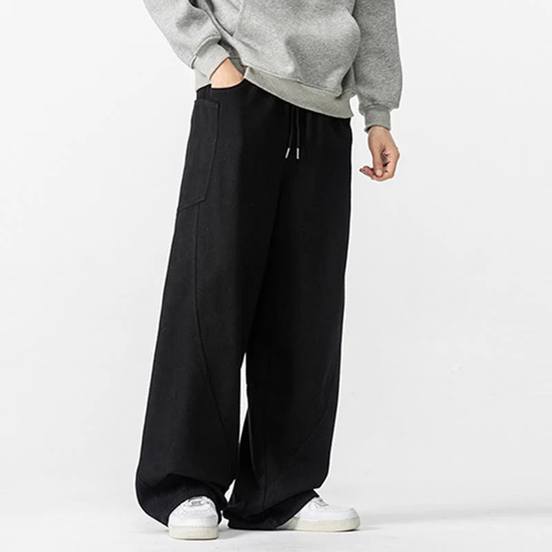 Buddha Stones Fall Pure Color Men's Wide Leg Cotton Drawstring Pants With Pockets