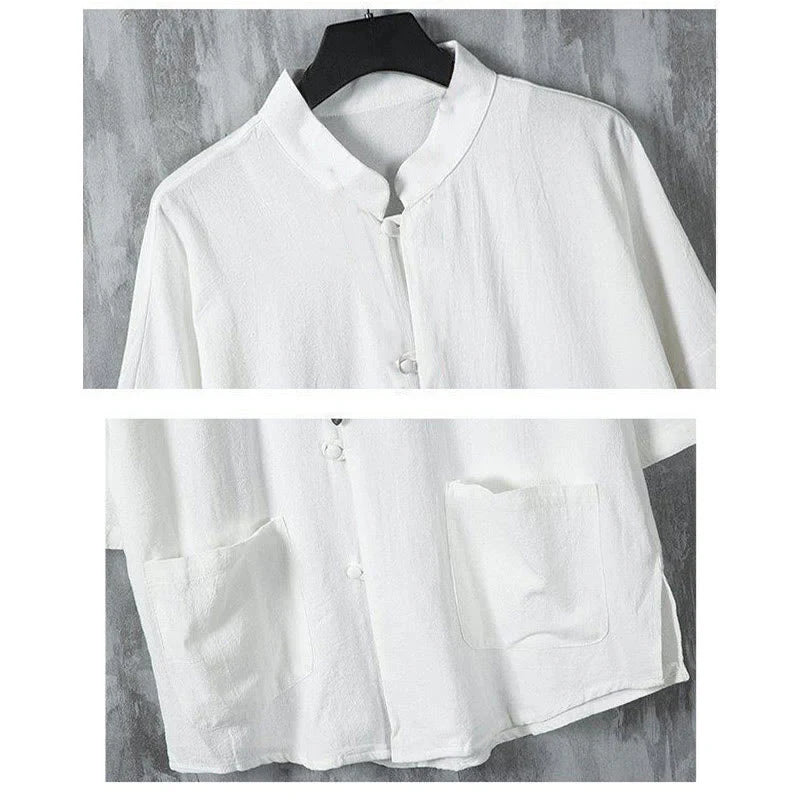 Buddha Stones Summer Solid Color Tang Suit Design Men's Half Sleeve Linen Shirt With Pockets