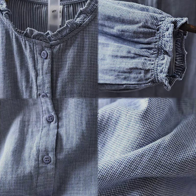 Buddha Stones Fall Small Plaid Button Down Ruffle Collar Long Sleeve Women's Cotton Shirt